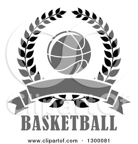 Clipart of a Basketball in a Wreath with a Blank Gray Banner over Text - Royalty Free Vector Illustration by Vector Tradition SM