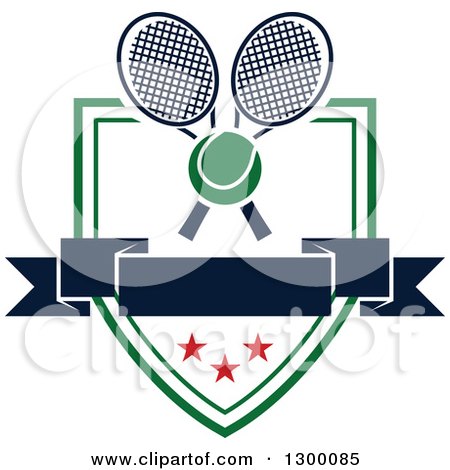 Clipart of a Tennis Ball over Crossed Rackets, a Blank Banner, and Shield - Royalty Free Vector Illustration by Vector Tradition SM