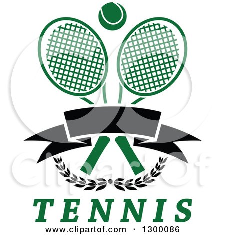 Clipart of a Tennis Ball over Crossed Rackets, a Blank Banner, Branches and Text - Royalty Free Vector Illustration by Vector Tradition SM