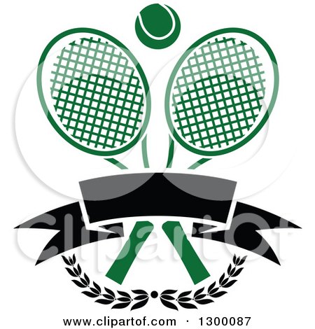Clipart of a Tennis Ball over Crossed Rackets, a Blank Banner and Branches - Royalty Free Vector Illustration by Vector Tradition SM