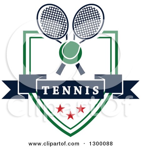 Clipart of a Tennis Ball over Crossed Rackets, a Banner and Shield - Royalty Free Vector Illustration by Vector Tradition SM