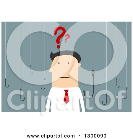 Clipart of a Flat Modern White Businessman Confused and Surrounded by Hooks, over Blue - Royalty Free Vector Illustration by Vector Tradition SM