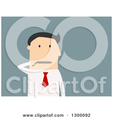 Clipart of a Flat Modern White Businessman with a Zipped Mouth, over Blue - Royalty Free Vector Illustration by Vector Tradition SM