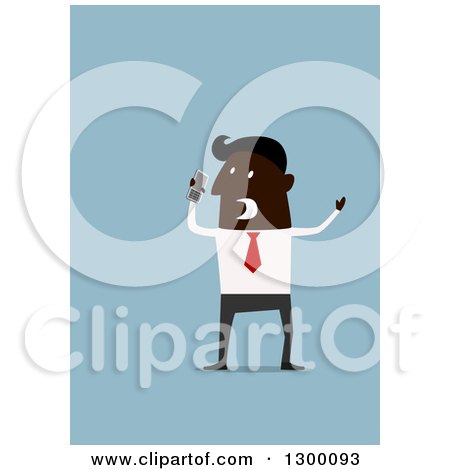 Clipart of a Flat Modern Black Businessman Screaming into a Cell Phone, over Blue - Royalty Free Vector Illustration by Vector Tradition SM