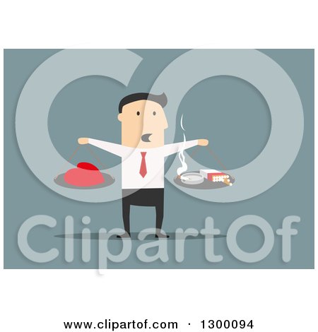 Clipart of a Flat Modern White Businessman Balancing Health and Tobacco, over Blue - Royalty Free Vector Illustration by Vector Tradition SM