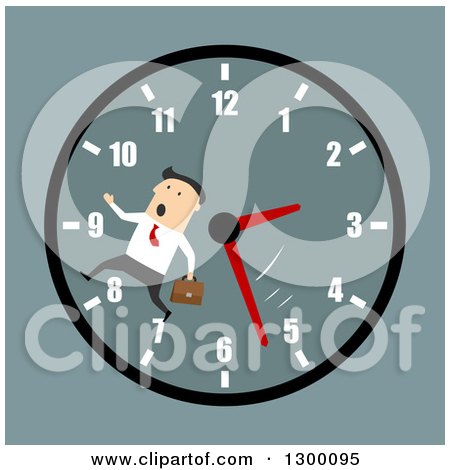 Clipart of a Flat Modern White Businessman Running on a Clock Face, over Blue - Royalty Free Vector Illustration by Vector Tradition SM