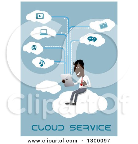 Clipart of a Flat Modern Black Businessman Cloud Computing, over Blue - Royalty Free Vector Illustration by Vector Tradition SM