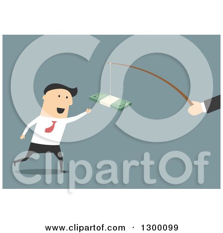 Clipart of a Flat Modern White Businessman Chasing Money on a Stick, over Blue - Royalty Free Vector Illustration by Vector Tradition SM