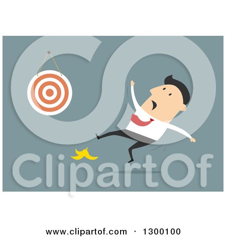 Clipart of a Flat Modern White Businessman Slipping on a Banana Peel on His Way to a Dart Board, over Blue - Royalty Free Vector Illustration by Vector Tradition SM