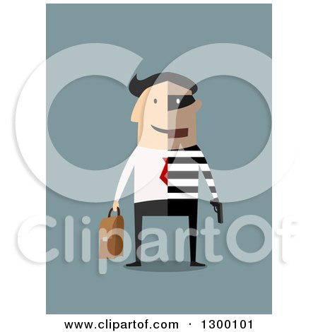 Clipart of a Flat Modern White Businessman Robber Shown Half and Half, over Blue - Royalty Free Vector Illustration by Vector Tradition SM