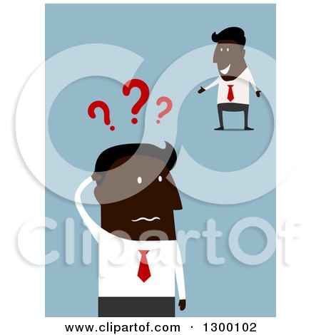 Clipart of a Flat Modern Black Businessman Confused and Presenting, over Blue - Royalty Free Vector Illustration by Vector Tradition SM