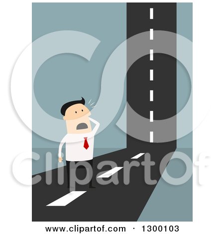 Clipart of a Flat Modern White Businessman Stuck at a Road That Goes Up, over Blue - Royalty Free Vector Illustration by Vector Tradition SM