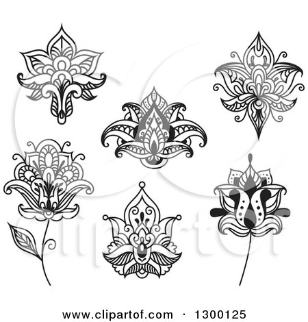 Clipart of Black and White Henna and Lotus Flowers 3 - Royalty Free Vector Illustration by Vector Tradition SM