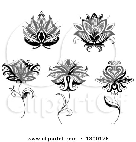 Clipart of a Black and White Henna and Lotus Flowers 5 - Royalty Free Vector Illustration by Vector Tradition SM