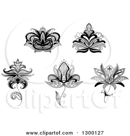 Clipart of Black and White Henna and Lotus Flowers - Royalty Free Vector Illustration by Vector Tradition SM