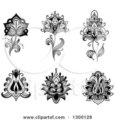 Clipart of Black and White Henna and Lotus Flowers 2 - Royalty Free Vector Illustration by Vector Tradition SM