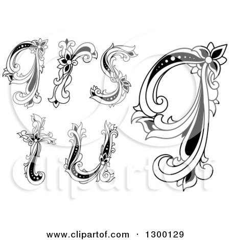 Clipart of Black and White Vintage Lowercase Floral Letters Q, R, S, T and U - Royalty Free Vector Illustration by Vector Tradition SM