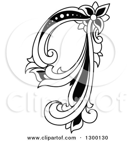 Clipart of a Black and White Vintage Lowercase Floral Letter Q - Royalty Free Vector Illustration by Vector Tradition SM