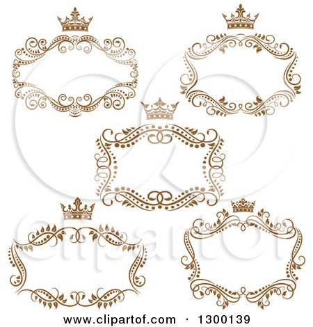 Clipart of Vintage Brown Swirl Floral Wedding Frames with Crowns - Royalty Free Vector Illustration by Vector Tradition SM