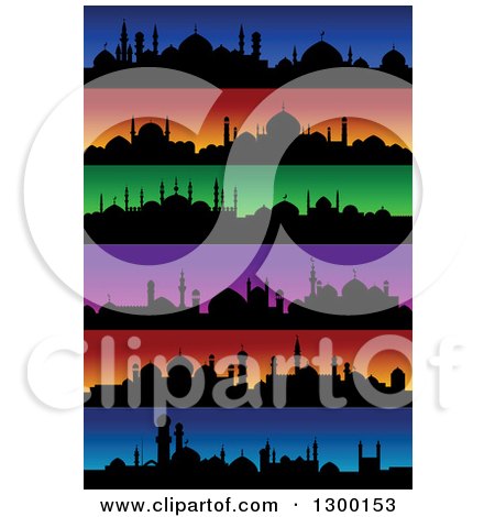 Clipart of Silhouetted Mosques and Colorful Sunset Skylines - Royalty Free Vector Illustration by Vector Tradition SM