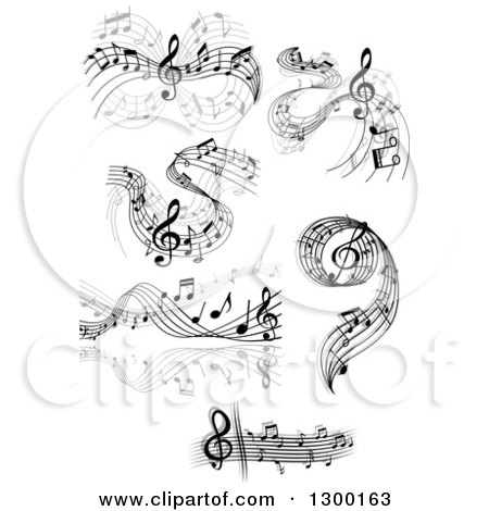 Clipart of Grayscale Flowing Music Note Wave Designs 6 - Royalty Free Vector Illustration by Vector Tradition SM