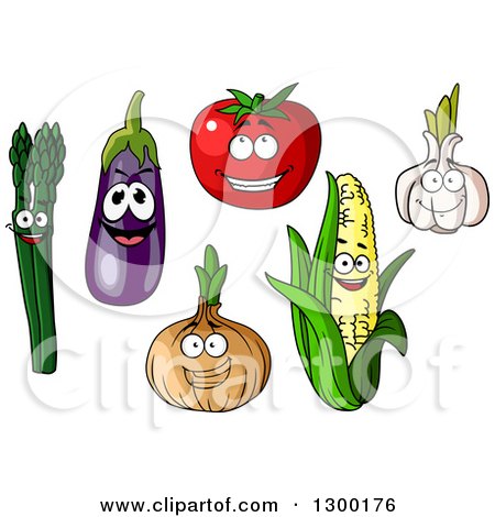 Clipart of Happy Asparagus, Eggplant, Tomato, Onion, Corn and Garlic Characters - Royalty Free Vector Illustration by Vector Tradition SM