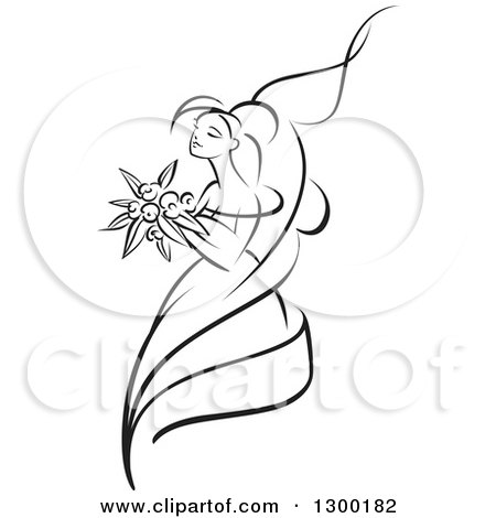 Clipart of a Sketched Black and White Bride Holding a Bouquet of Flowers and Facing Left 5 - Royalty Free Vector Illustration by Vector Tradition SM