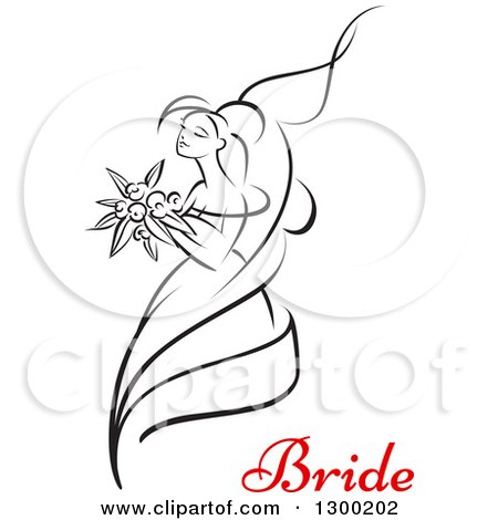 Clipart of a Sketched Black and White Bride Holding a Bouquet of Flowers with Red Text 8 - Royalty Free Vector Illustration by Vector Tradition SM