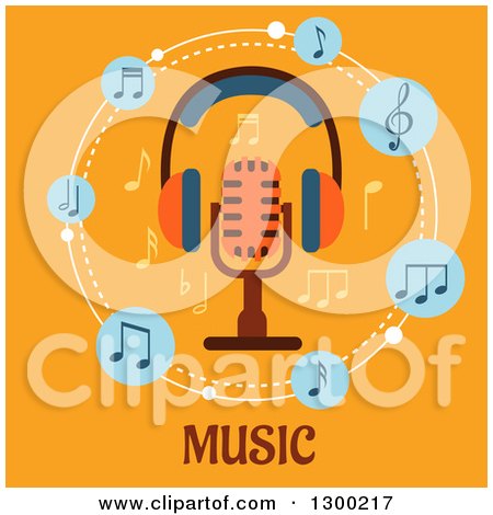 Clipart of a Microphone with Headphones and Music Notes over Text on Orange - Royalty Free Vector Illustration by Vector Tradition SM