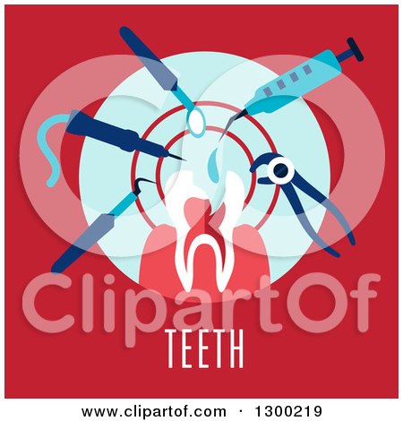 Clipart of a Tooth and Dental Tools over Text on Red - Royalty Free Vector Illustration by Vector Tradition SM