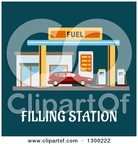 Clipart of a Flat Modern Design of a Car Getting Fuel at a Gas Station, with Text on Teal - Royalty Free Vector Illustration by Vector Tradition SM