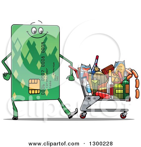 Clipart of a Credit Card Character Pushing a Grocery Cart - Royalty Free Vector Illustration by Vector Tradition SM