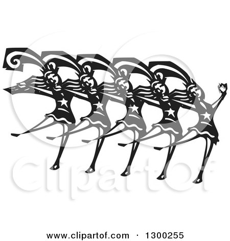 Clipart of a Black and White Woodcut Chorus Line of Dancing Ladies - Royalty Free Vector Illustration by xunantunich
