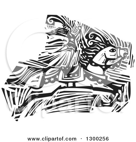 Clipart of a Black and White Woodcut Woman Standing on a Jumping Horse in a Circus Act - Royalty Free Vector Illustration by xunantunich