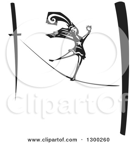 Clipart of a Black and White Woodcut Woman Walking the Tight Rope in a Circus Act - Royalty Free Vector Illustration by xunantunich