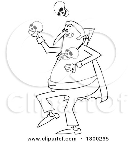 Clipart of a Cartoon Black and White Vampire Juggling Skulls - Royalty Free Vector Illustration by djart
