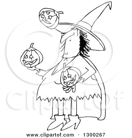 Clipart of a Cartoon Black and White Witch Juggling Halloween Jackolantern Pumpkins - Royalty Free Vector Illustration by djart
