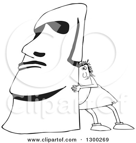 Clipart of a Black and White Chubby Caveman Pushing up a Monolith - Royalty Free Outline Vector Illustration by djart