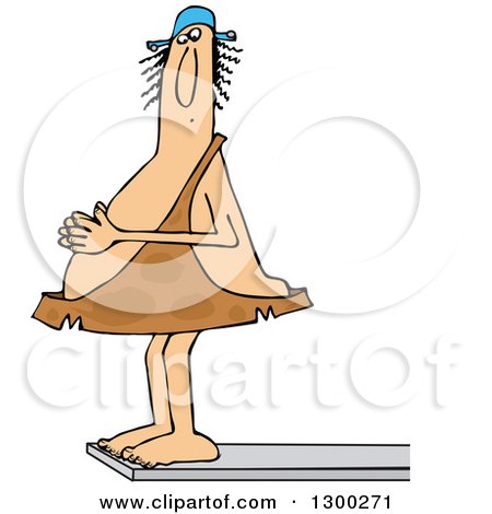 Clipart of a Chubby Caveman Balanced Wearing a Swimming Cap and Standing on a High Diving Board - Royalty Free Vector Illustration by djart