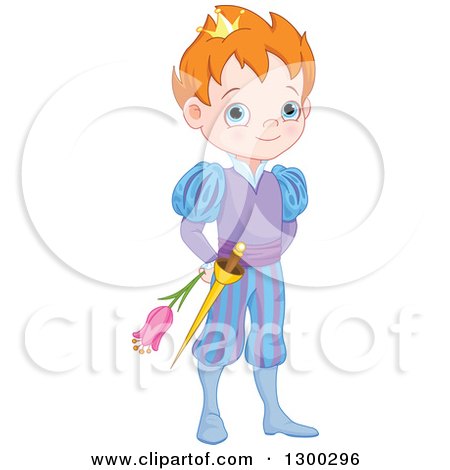 Clipart of a Cute, Blue Eyed, Red Haired Caucasian Prince Holding a Flower Behind His Back - Royalty Free Vector Illustration by Pushkin