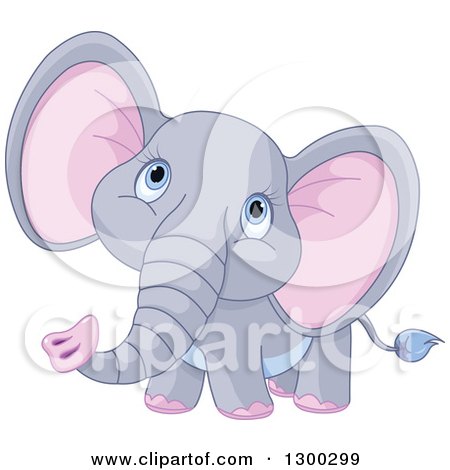 Clipart of a Cute Gray Baby Elephant with Pink Ears, Looking Upwards - Royalty Free Vector Illustration by Pushkin