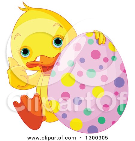 Clipart of a Cute Yellow Duck Giving a Thumb up and Sitting with an Easter Egg - Royalty Free Vector Illustration by Pushkin