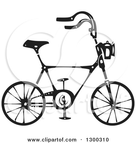 Clipart of a Black and White Woodcut Bicycle in Profile - Royalty Free Vector Illustration by xunantunich