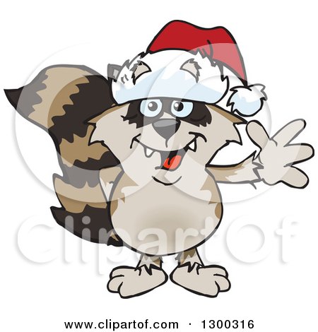 Clipart of a Cartoon Happy Raccoon Wearing a Christmas Santa Hat and Waving - Royalty Free Vector Illustration by Dennis Holmes Designs