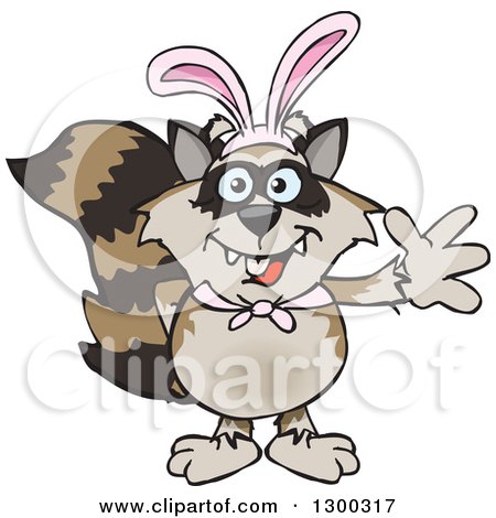 Clipart of a Cartoon Happy Raccoon Wearing Easter Bunny Ears and Waving - Royalty Free Vector Illustration by Dennis Holmes Designs