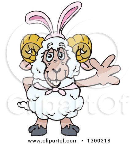 Clipart of a Cartoon Happy Ram Wearing Easter Bunny Ears and Waving - Royalty Free Vector Illustration by Dennis Holmes Designs