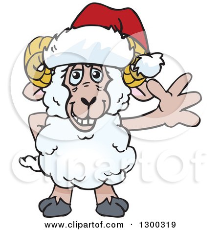 Clipart of a Cartoon Happy Ram Wearing a Christmas Santa Hat and Waving - Royalty Free Vector Illustration by Dennis Holmes Designs