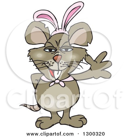 Clipart of a Cartoon Happy Brown Rat Wearing Easter Bunny Ears and Waving - Royalty Free Vector Illustration by Dennis Holmes Designs