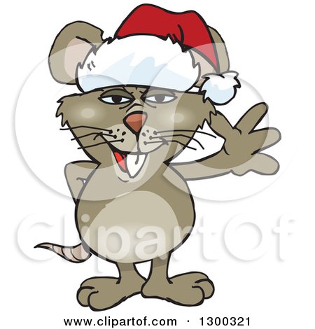 Clipart of a Cartoon Happy Brown Rat Wearing a Christmas Santa Hat and Waving - Royalty Free Vector Illustration by Dennis Holmes Designs