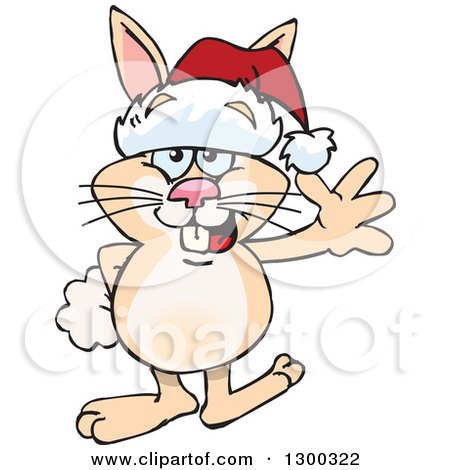 Clipart of a Cartoon Happy Beige Rabbit Wearing a Christmas Santa Hat and Waving - Royalty Free Vector Illustration by Dennis Holmes Designs